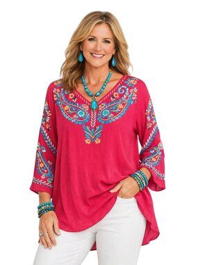 NWT Vintage Collection Southwestern Boho Cowgirl Pink Embroidered Tunic Women M